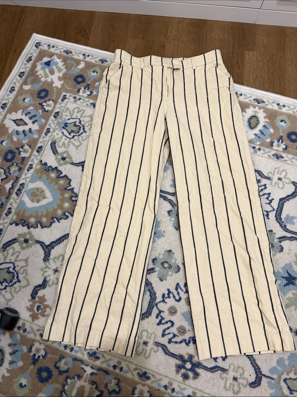Express Cream Wide-Leg Pants with Black Pinstripes